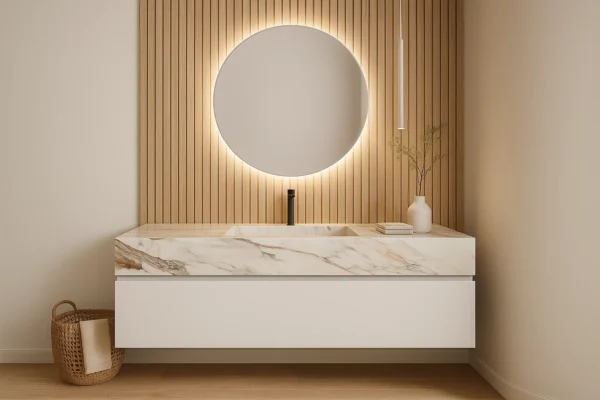 Blat łazienkowy na wymiar ze zintegrowaną umywalką ze spieku kwarcowego lub kamienia naturalnego - Franko Milinoli